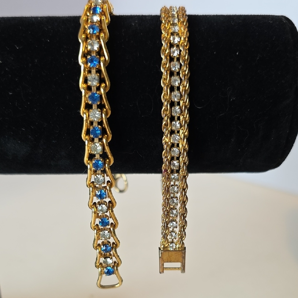 Two Beautiful Blue And Clear Crystal Goldtone Bracelets Both 7 Inches